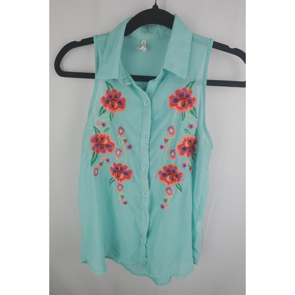 OPR Collection Sleeveless Blouse Small Mint Green Sheer‎ Embroidered Floral